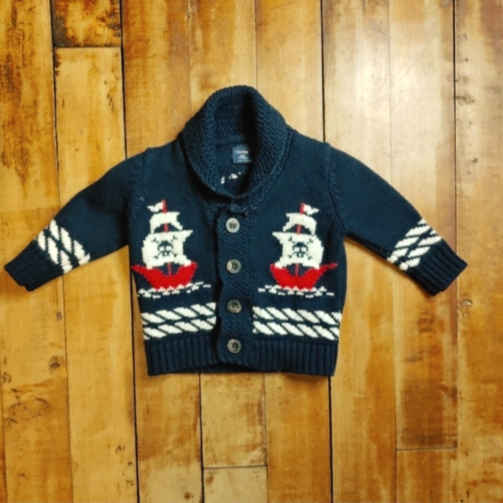 Gap 3 to 6 mos cardigan sweater pirate nautical navy ships cotton wool blend